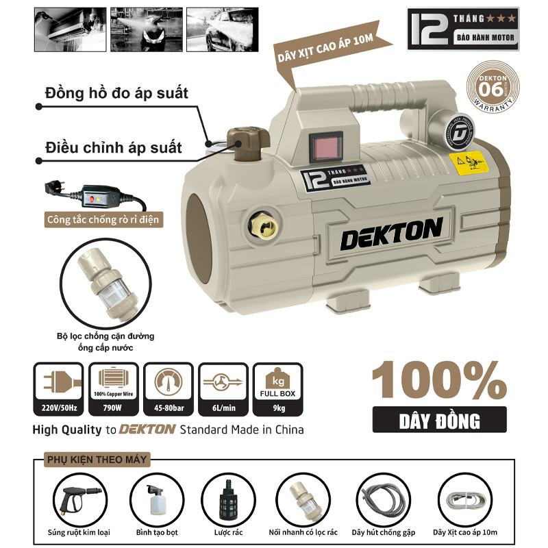 Máy Xịt Rửa Xe Dekton 790W DK-CWR2200VTG Có Chỉnh Áp, Áp Lực 45 - 80 Bar, Chính Hãng, DK CWR 2200VTG