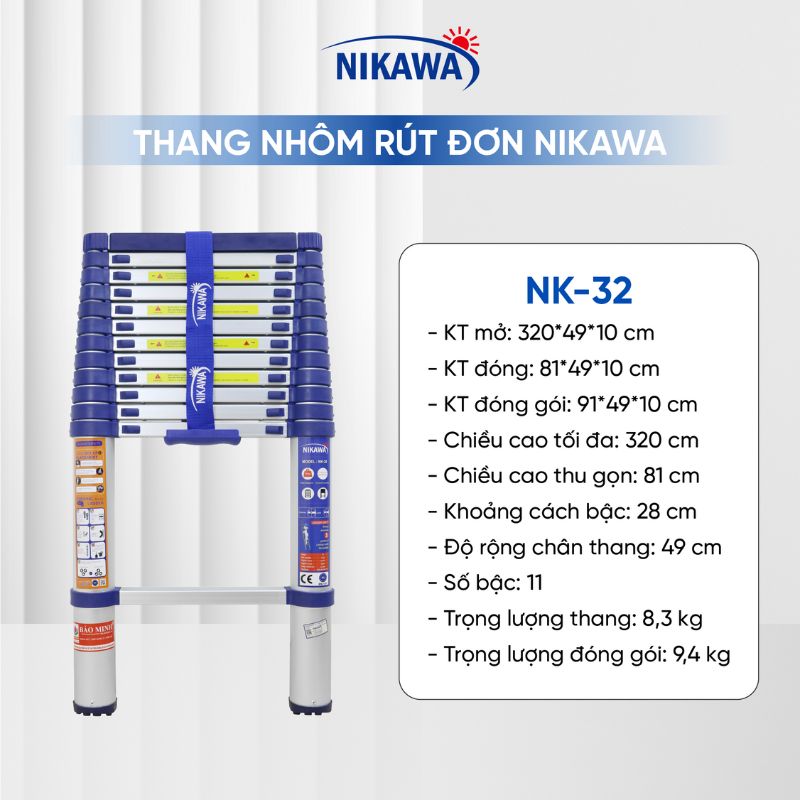 Thang Nhôm Rút Đơn Cao 3m2 Nikawa NK-32