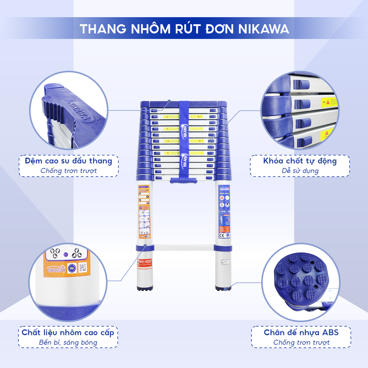 Thang Nhôm Rút đơn 4m4 Nikawa NK-44, Tải Trọng 150kg, Bảo Hành 18 Tháng