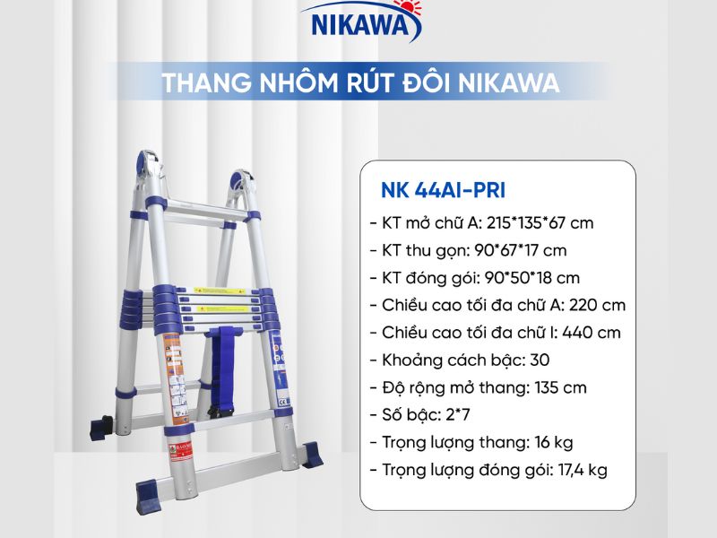 Thang Nhôm Rút Đôi Chữ A 4.4M 7 Bậc Nikawa NK-44AI-Pri