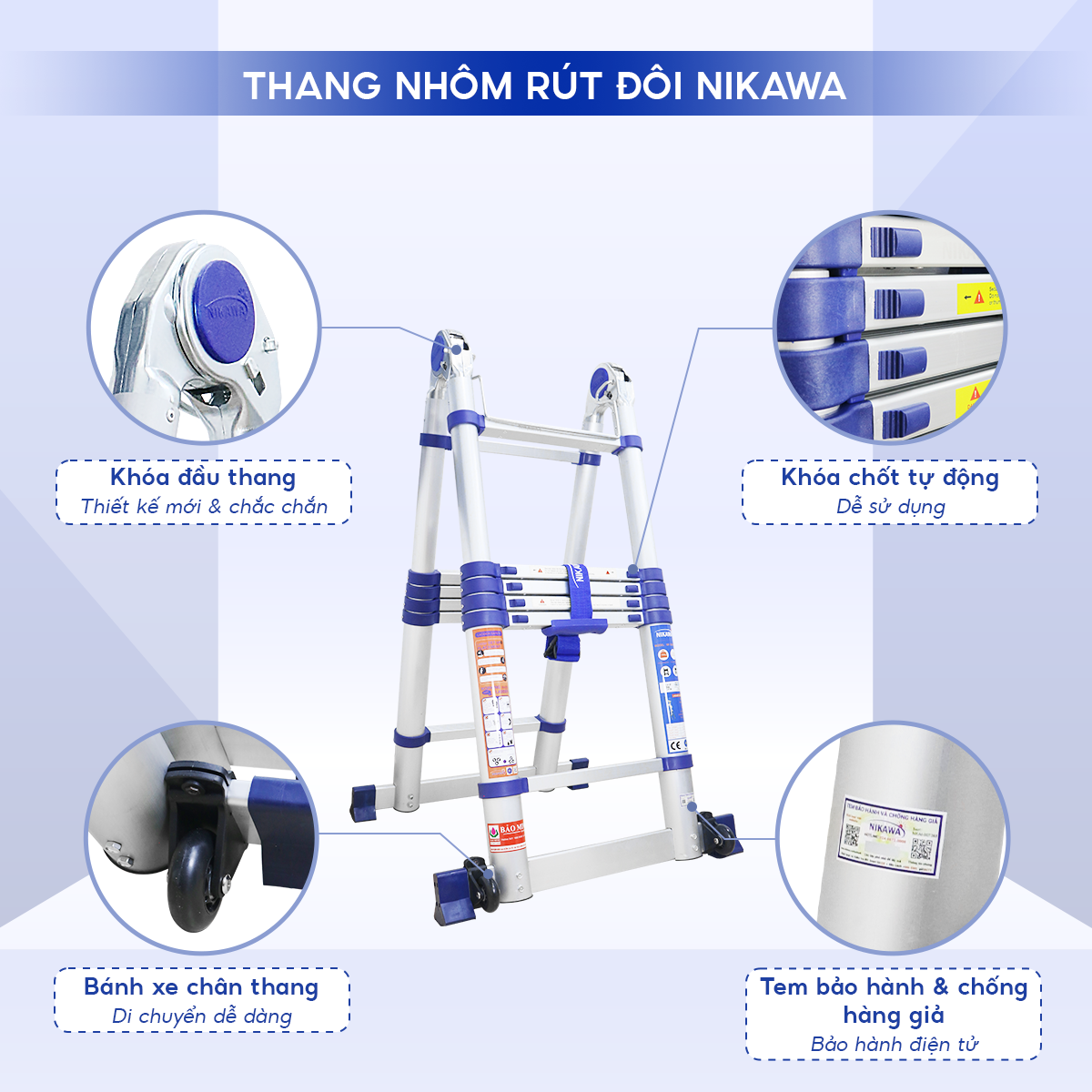 Thang Nhôm Rút Đôi Chữ A 5M 8 Bậc NIKAWA NK-50AI-Pri