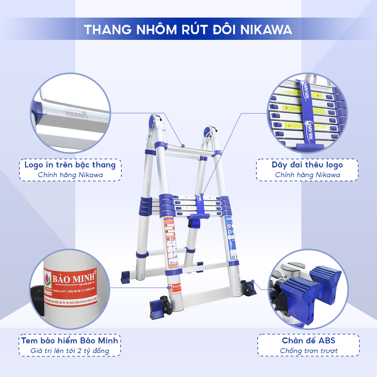 Thang Nhôm Rút Đôi Chữ A 5M 8 Bậc NIKAWA NK-50AI-Pri