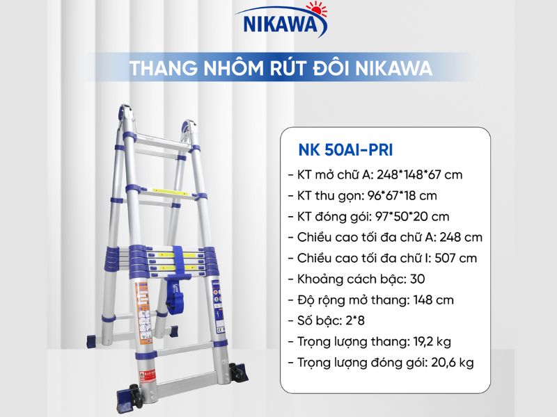 Thang Nhôm Rút Đôi Chữ A 5M 8 Bậc NIKAWA NK-50AI-Pri