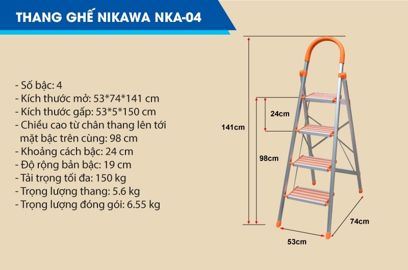 Thang Ghế 4 Bậc Cao 141cm Nikawa NKA-04, Tải Trọng 150kg