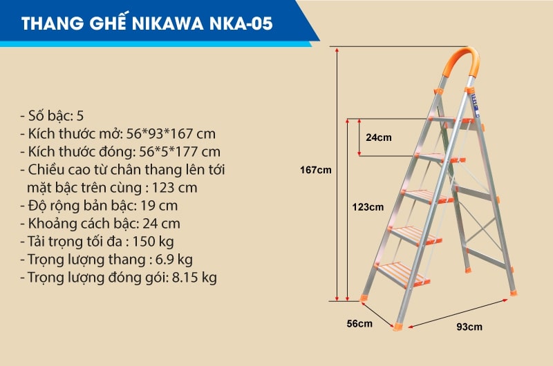 Thang Ghế 5 Bậc Cao 167cm Nikawa NKA-05, Tải Trọng 150kg, Đáp Ứng Tiêu Chuẩn EU