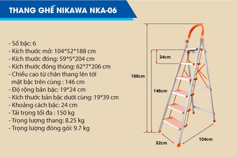 Thang Ghế Nhôm 6 Bậc Cao 1m88 Nikawa NKA-06, Tải Trọng 140kg NKA 06