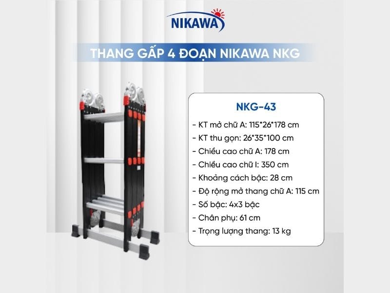 Thang Nhôm Gấp đoạn Nikawa NKG-43, Cao 178 Cm, Bảo Hành 150kg