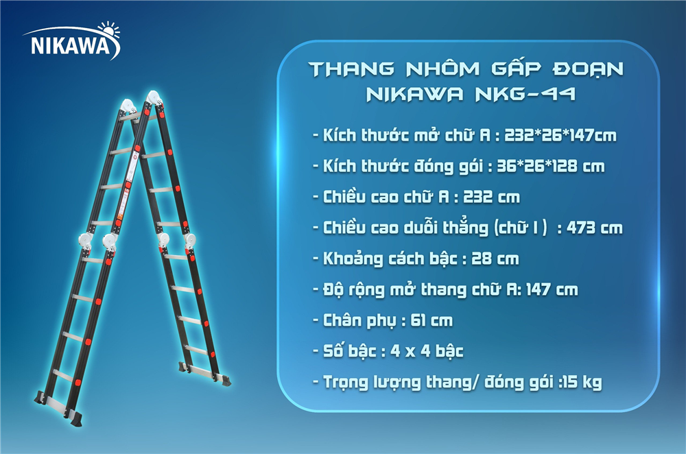 Thang Nhôm Gấp đoạn Nikawa NKG-44, Cao 2m32, Gấp Gọn 4 đoạn