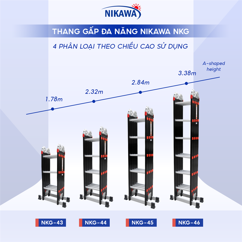 Thang Nhôm Gấp đoạn Nikawa NKG-44, Cao 2m32, Gấp Gọn 4 đoạn