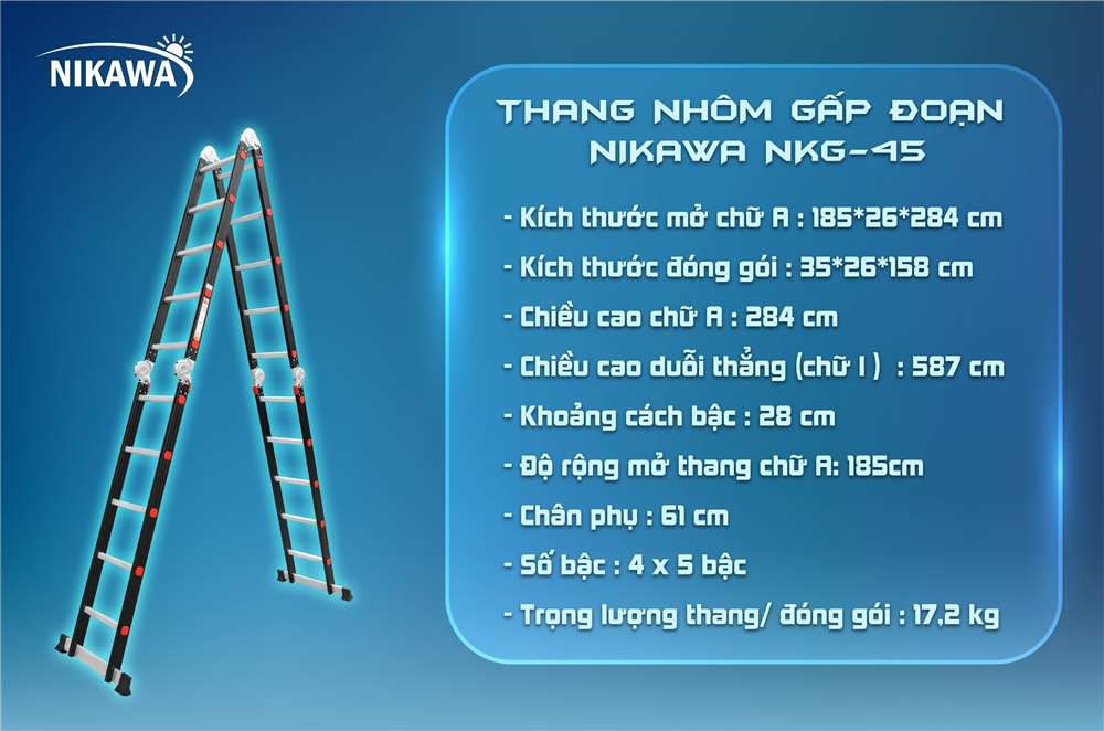 Thang Nhôm Gấp đoạn Nikawa NKG-45, Cao 2m84, Tải Trọng 150kg