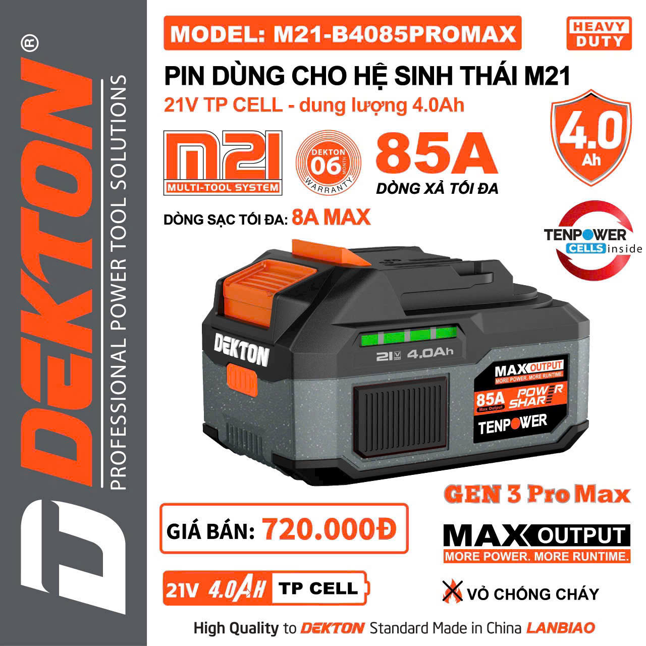 Pin 4Ah Dekton Chân Phổ Thông B4085PROMAX M21-B4085PROMAX - Dòng Xả Cao 85A Chính Hãng