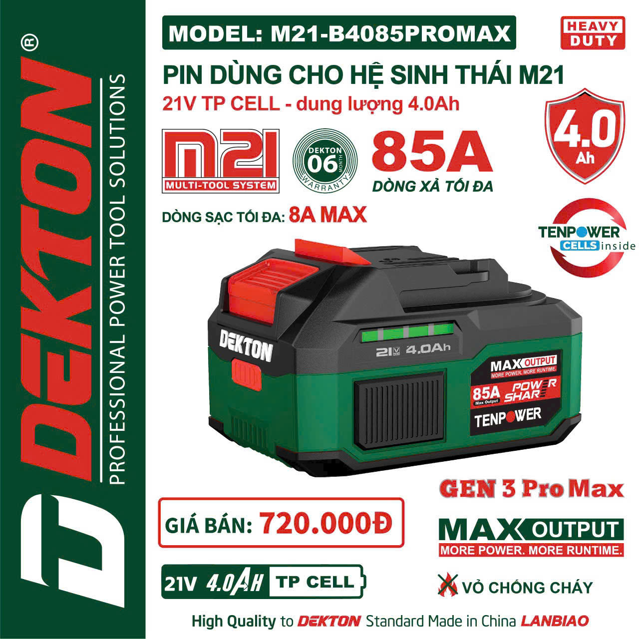 Pin 4Ah Dekton Chân Phổ Thông B4085PROMAX M21-B4085PROMAX - Dòng Xả Cao 85A Chính Hãng