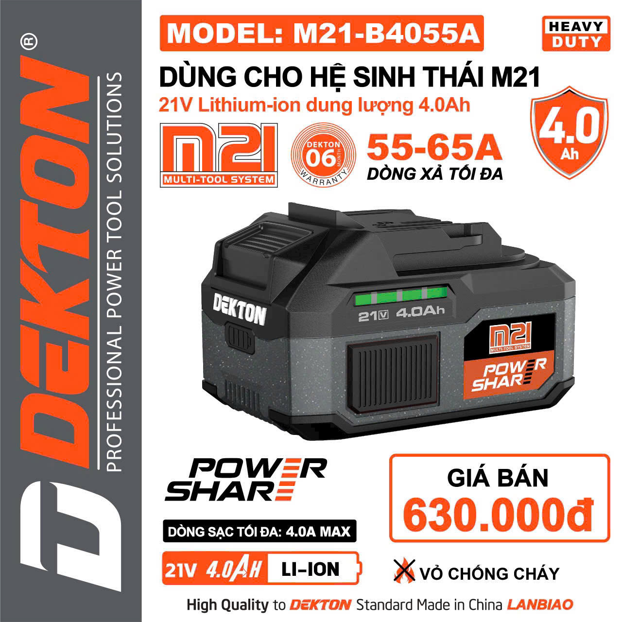 Pin 4A DEKTON Dung Lượng Chuẩn 21V - 4.0Ah Chân Phổ Thông M21-B4055A / M21-B4055XA Chính Hãng