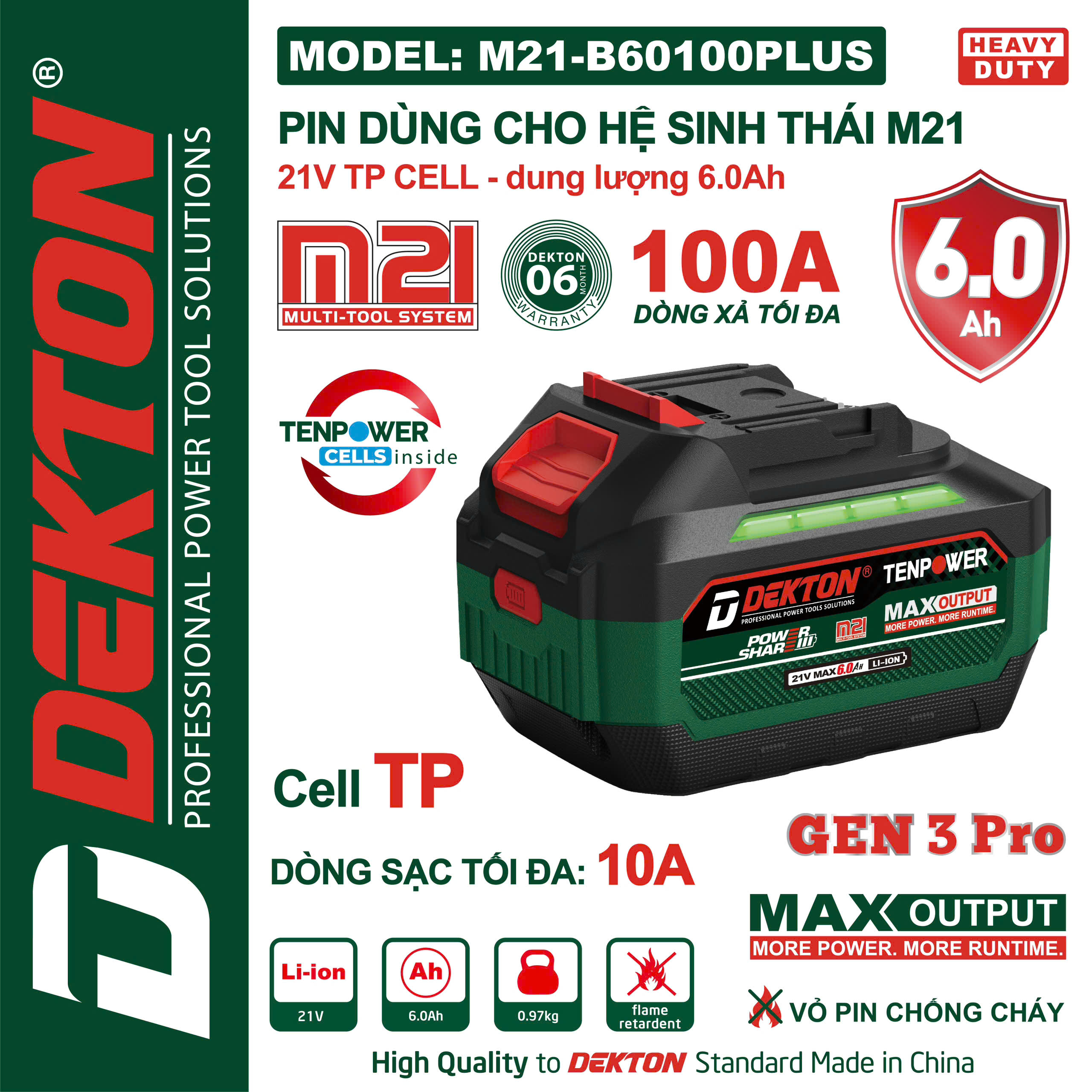 Pin Dekton M21-B60100PLUS 21V 6.0Ah Dòng Xả 100A Cell TP