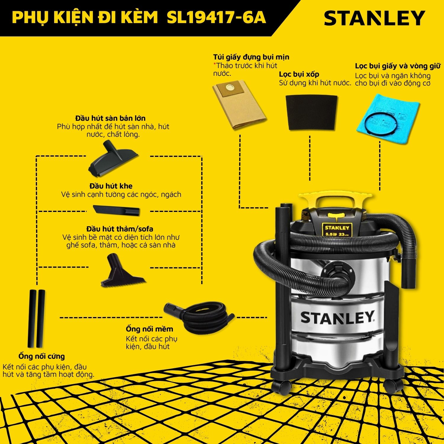 Máy Hút Bụi Công Nghiệp 3 Chức Năng - Khô/Ướt/Thổi - Hiệu Stanley USA - SL19417-6A