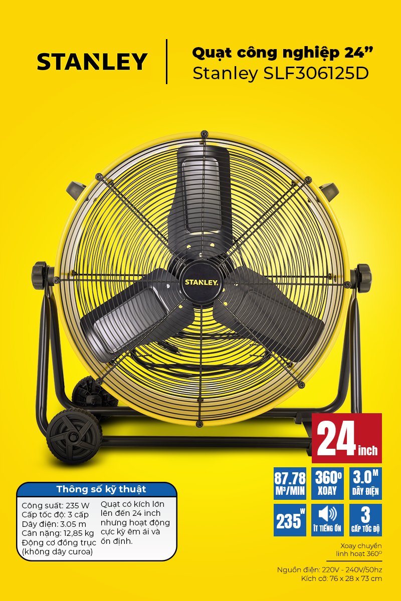 Quạt Sàn Công Nghiệp Stanley 24 Inch SLF306125D, Công Suất 250W
