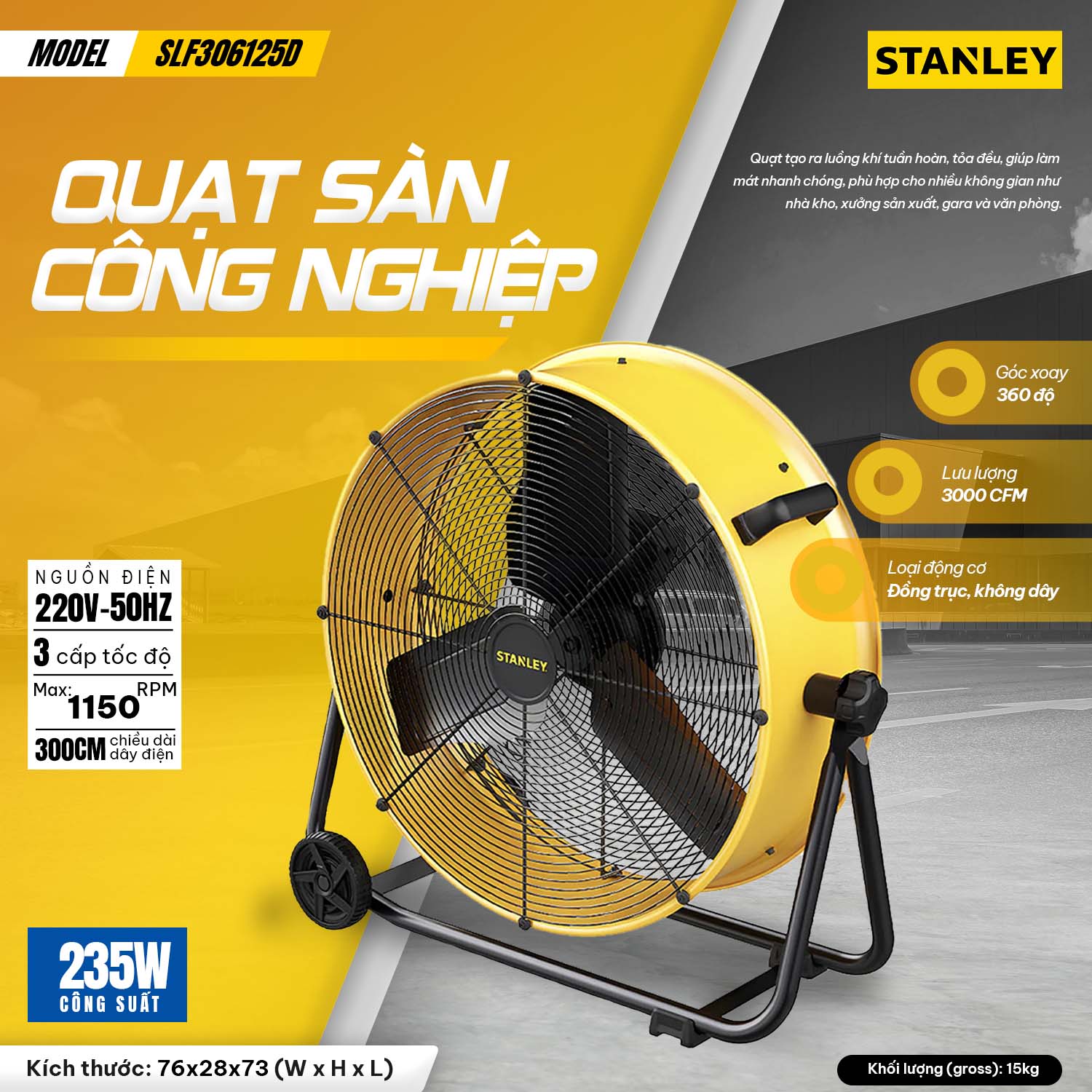 Quạt Sàn Công Nghiệp Stanley 24 Inch SLF306125D, Công Suất 250W