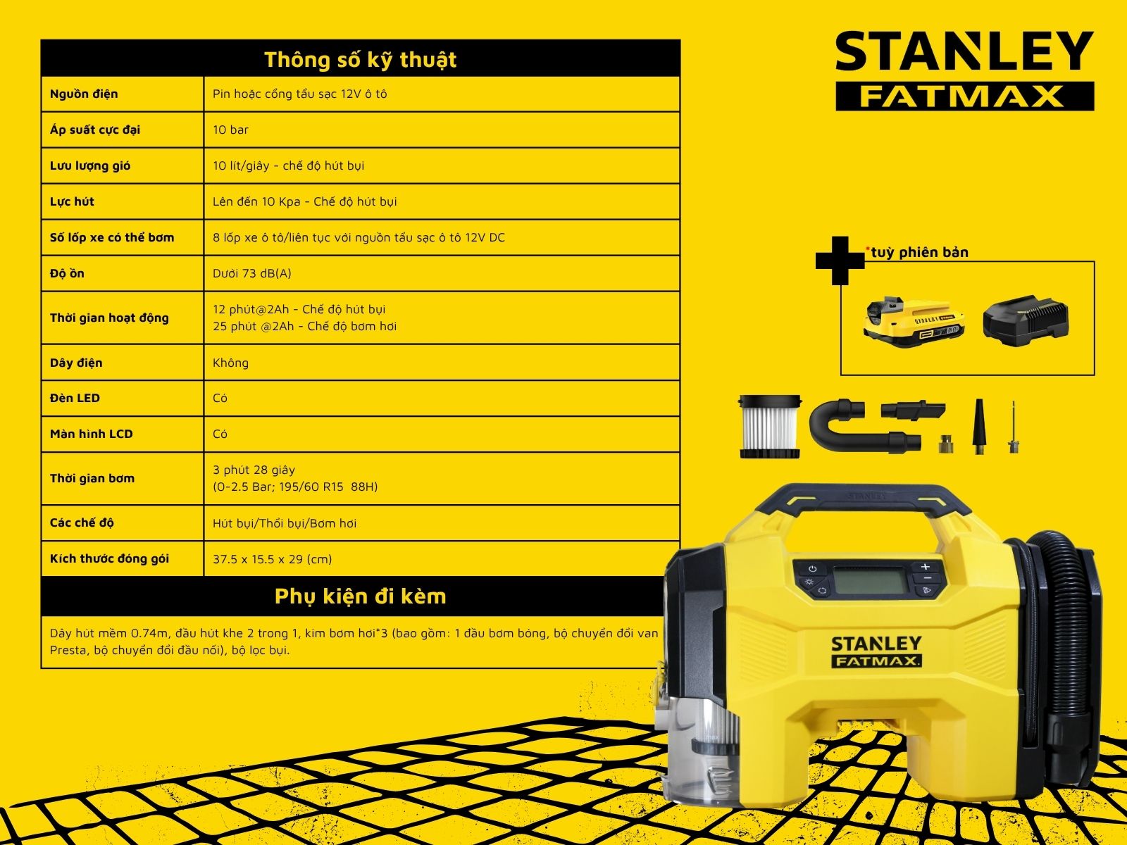 Máy Bơm Hơi 3 Trong 1 Dùng Pin Kèm Tính Năng Thổi Và Hút Bụi STANLEY SXVI02001