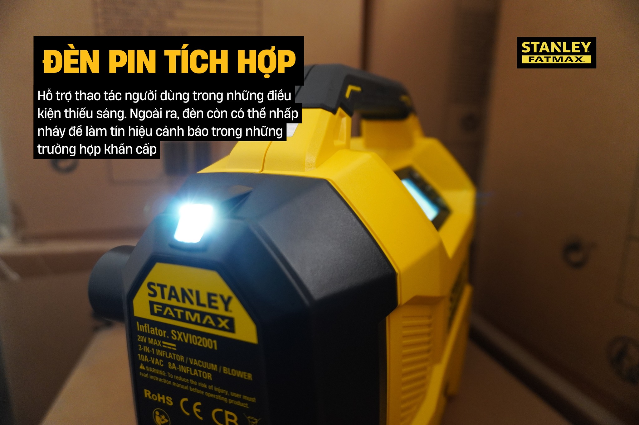 Máy Bơm Hơi 3 Trong 1 Dùng Pin Kèm Tính Năng Thổi Và Hút Bụi STANLEY SXVI02001
