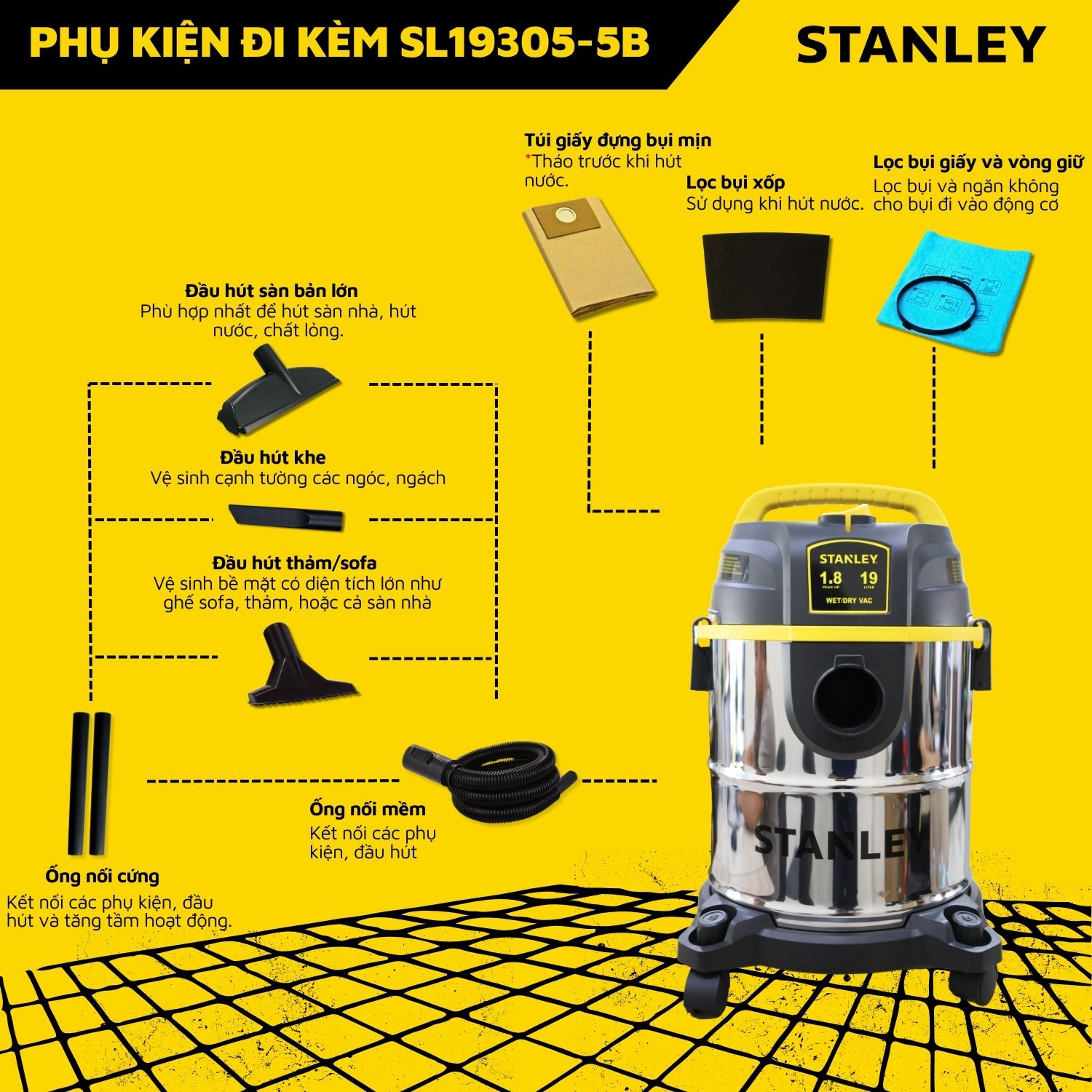 Máy Hút Bụi 3 Chức Năng Stanley SL19305-5B Dung Tích 19 Lít