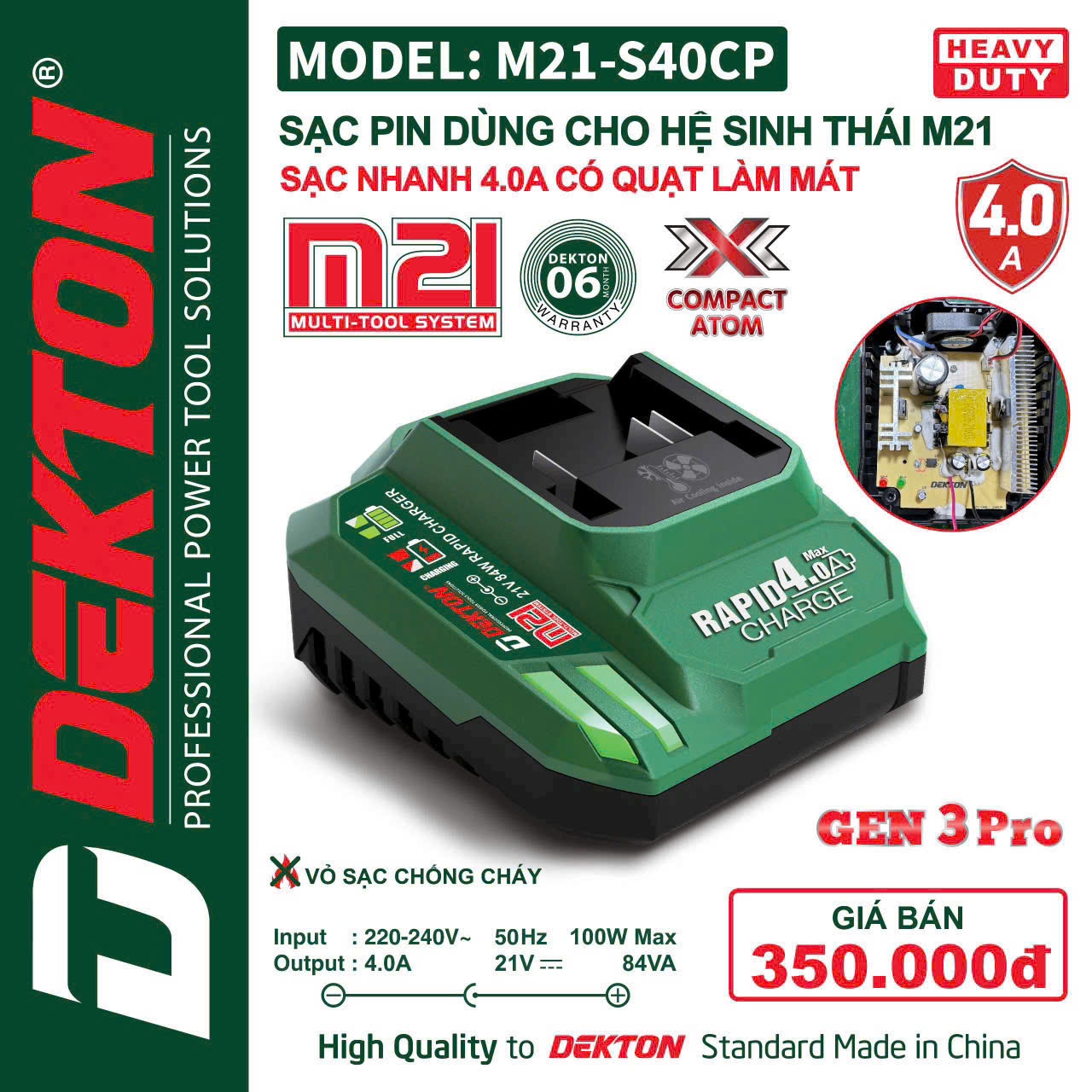 Sạc Dekton M21-S40CP Dòng 4A Nhỏ Gọn, Điện Áp 21V, Chân Pin Phổ Thông