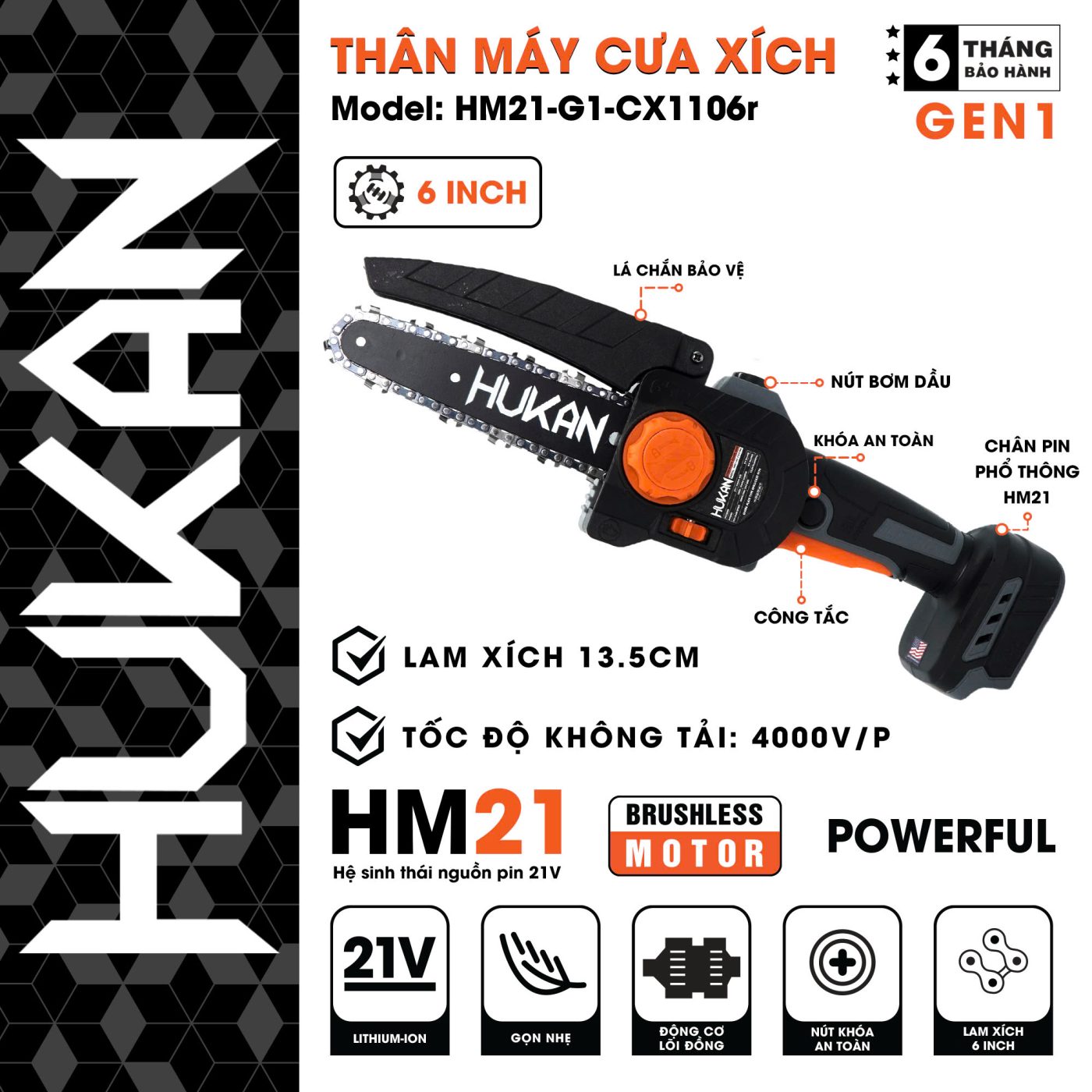 Thân Máy Cưa Xích Pin 21V 6INCH HM21-G1-CX1106r