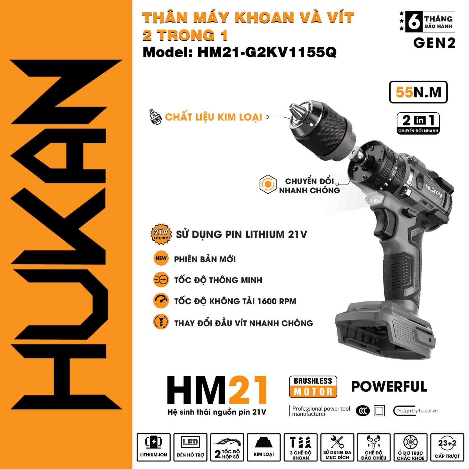 Thân Máy Khoan Vít 2 Trong 1 HUKAN HM21-G2KV1155Q