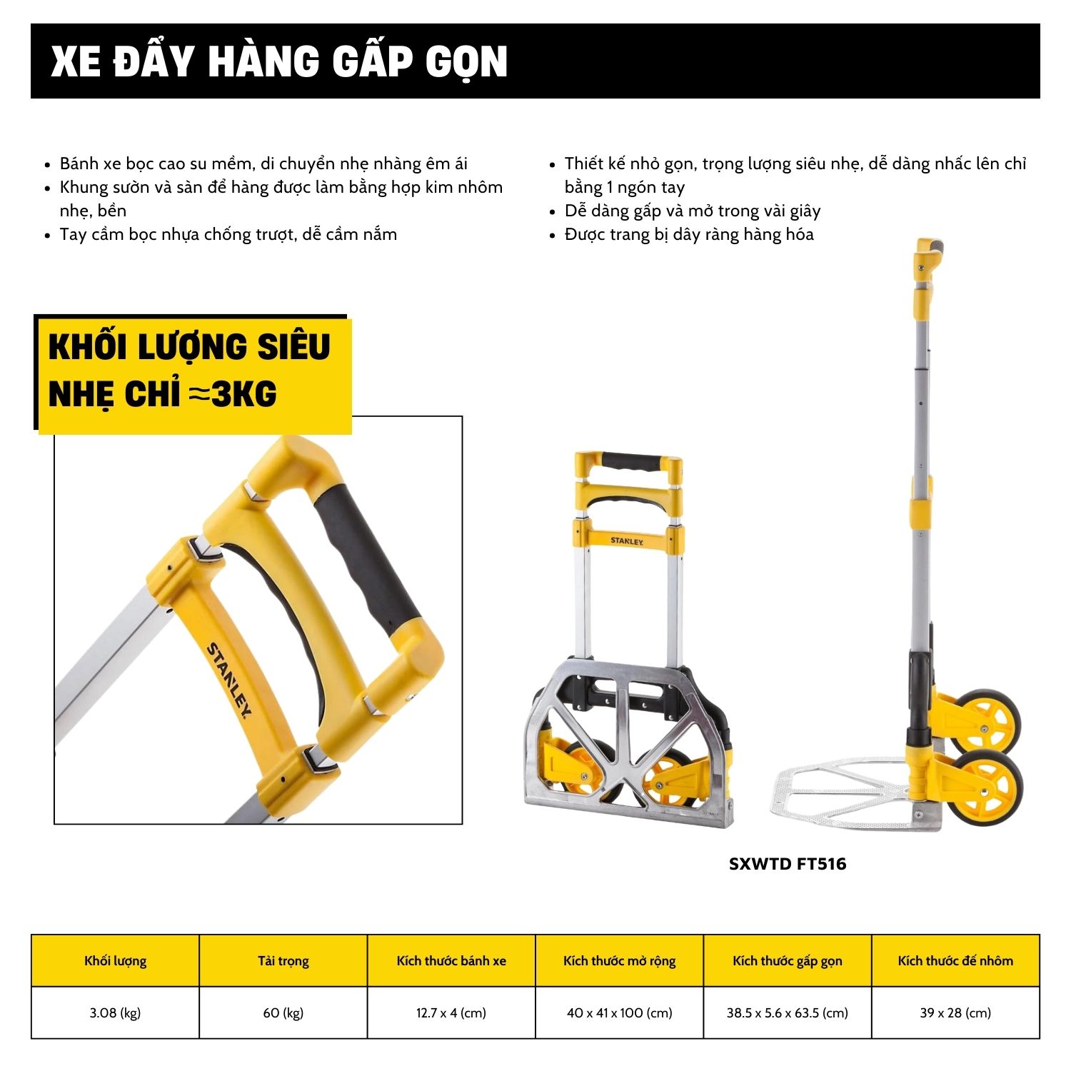 Xe đẩy Tay 2 Bánh Cao Cấp Stanley SXWTD FT516, Tải Trọng 60kg