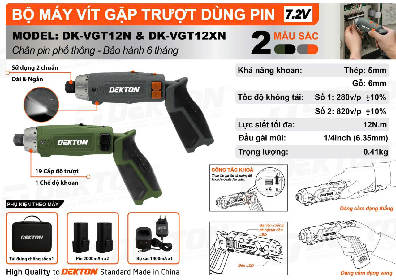 Bộ Vít Gập Trượt Dùng Pin 7.2V DEKTON DK-VGT12XN Oliu, Pin 2000mAh X2