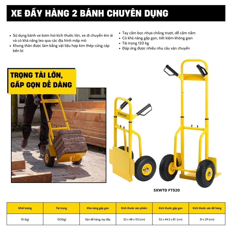 Xe đẩy Hàng 2 Bánh Rút Gọn Stanley FT520, Tải Trọng 120kgs