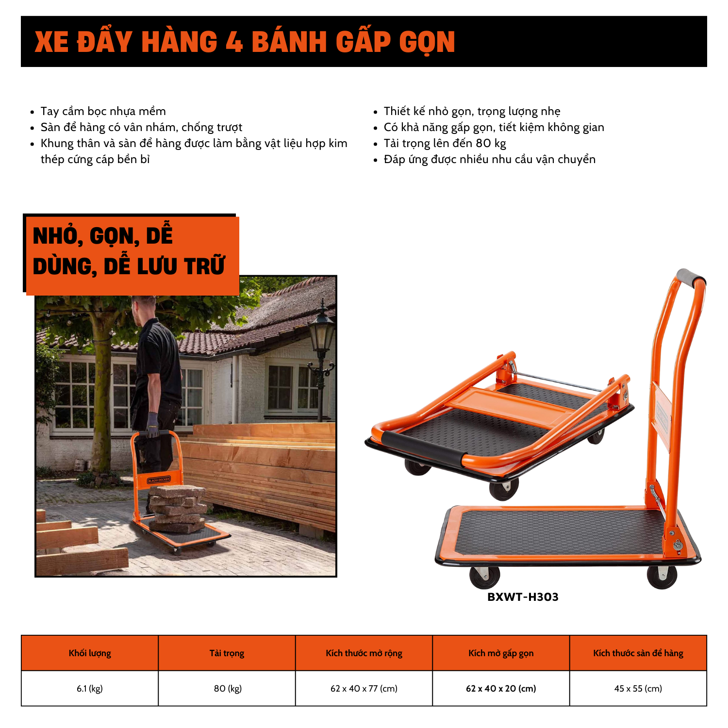 Xe đẩy Hàng H303 4 Bánh Cao Cấp Tải Trọng 80kg Thương Hiệu Black And Decker (Mỹ)