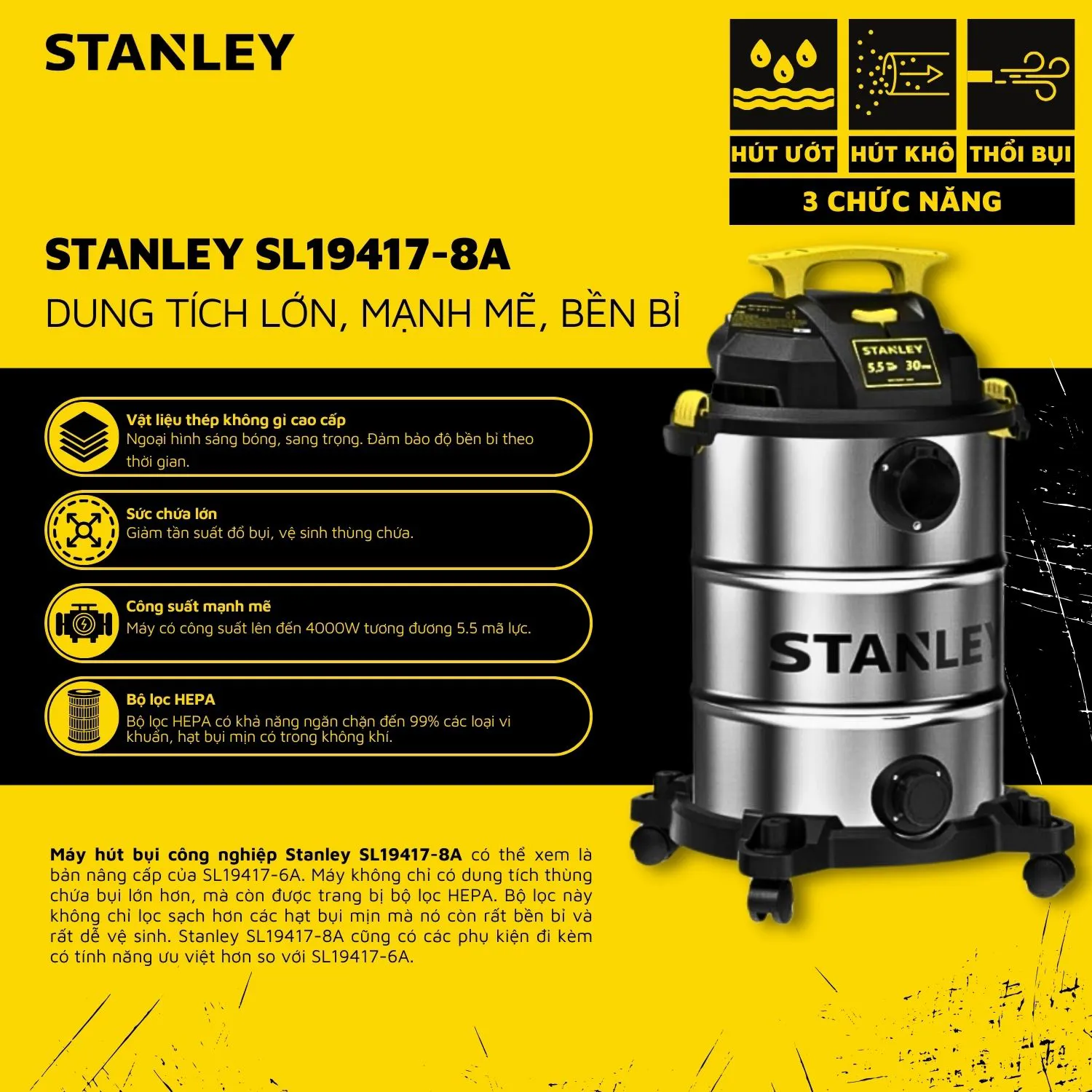 Máy Hút Bụi Công Nghiệp 3 Chức Năng - Khô/Ướt/Thổi - Hiệu Stanley USA - SL19417-8A