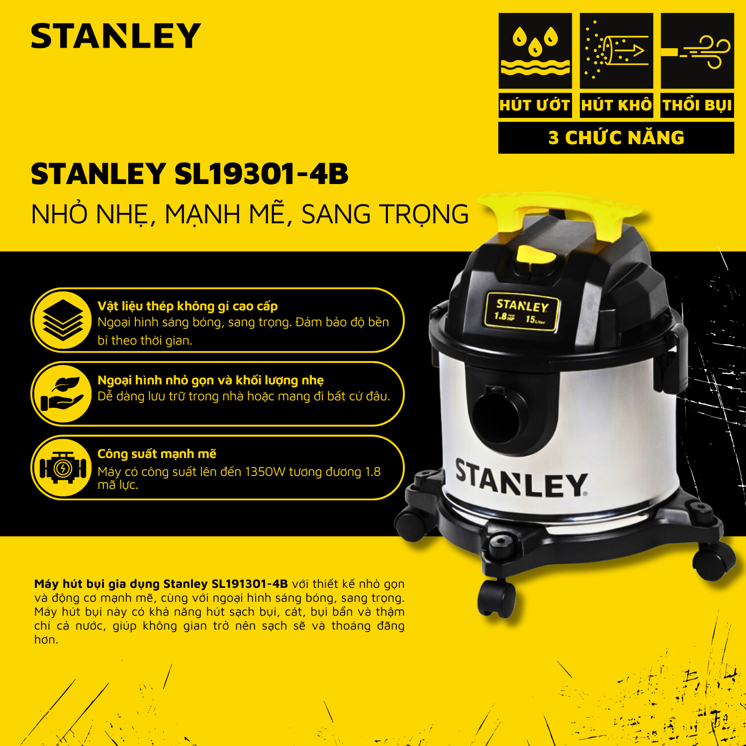 Máy Hút Bụi Gia Dụng Khô/Ướt/Thổi Stanley USA SL19301-4BA (4B)