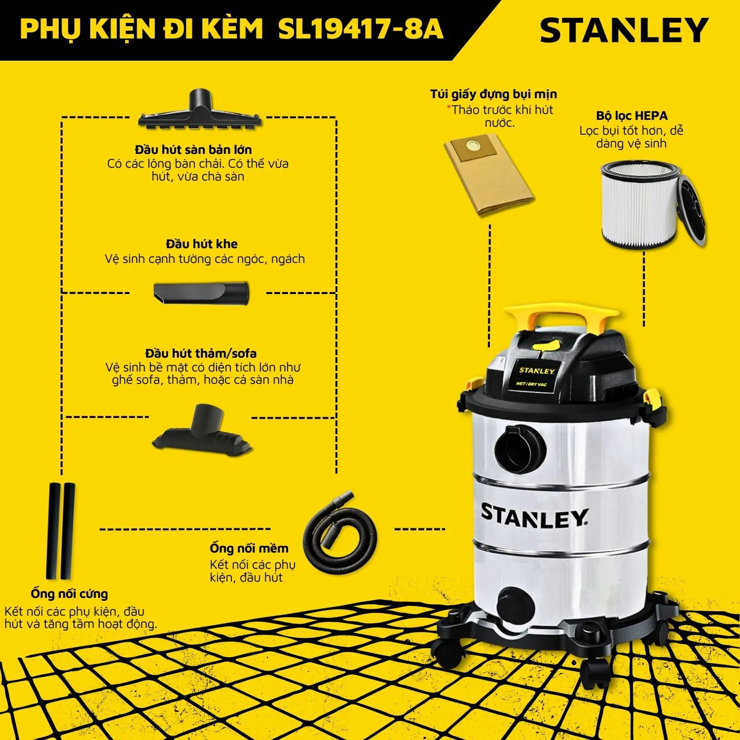 Máy Hút Bụi Công Nghiệp 3 Chức Năng - Khô/Ướt/Thổi - Hiệu Stanley USA - SL19417-8A