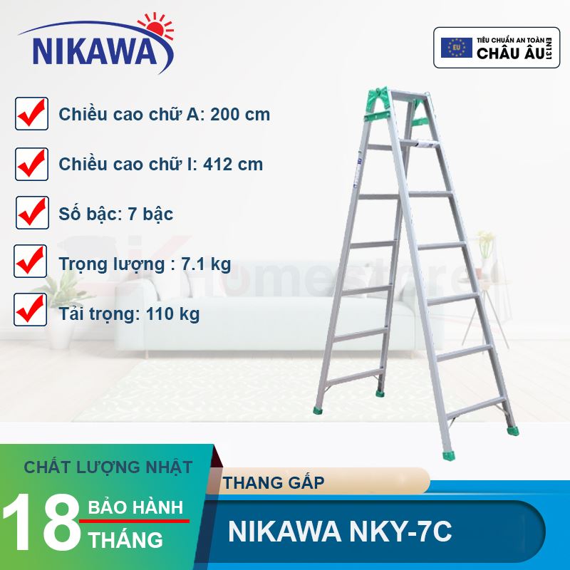 Thang Nhôm Gấp Đa Năng 7 Bậc Nikawa NKY-7C, Cao Chữ A 2M, Chữ I 4m12