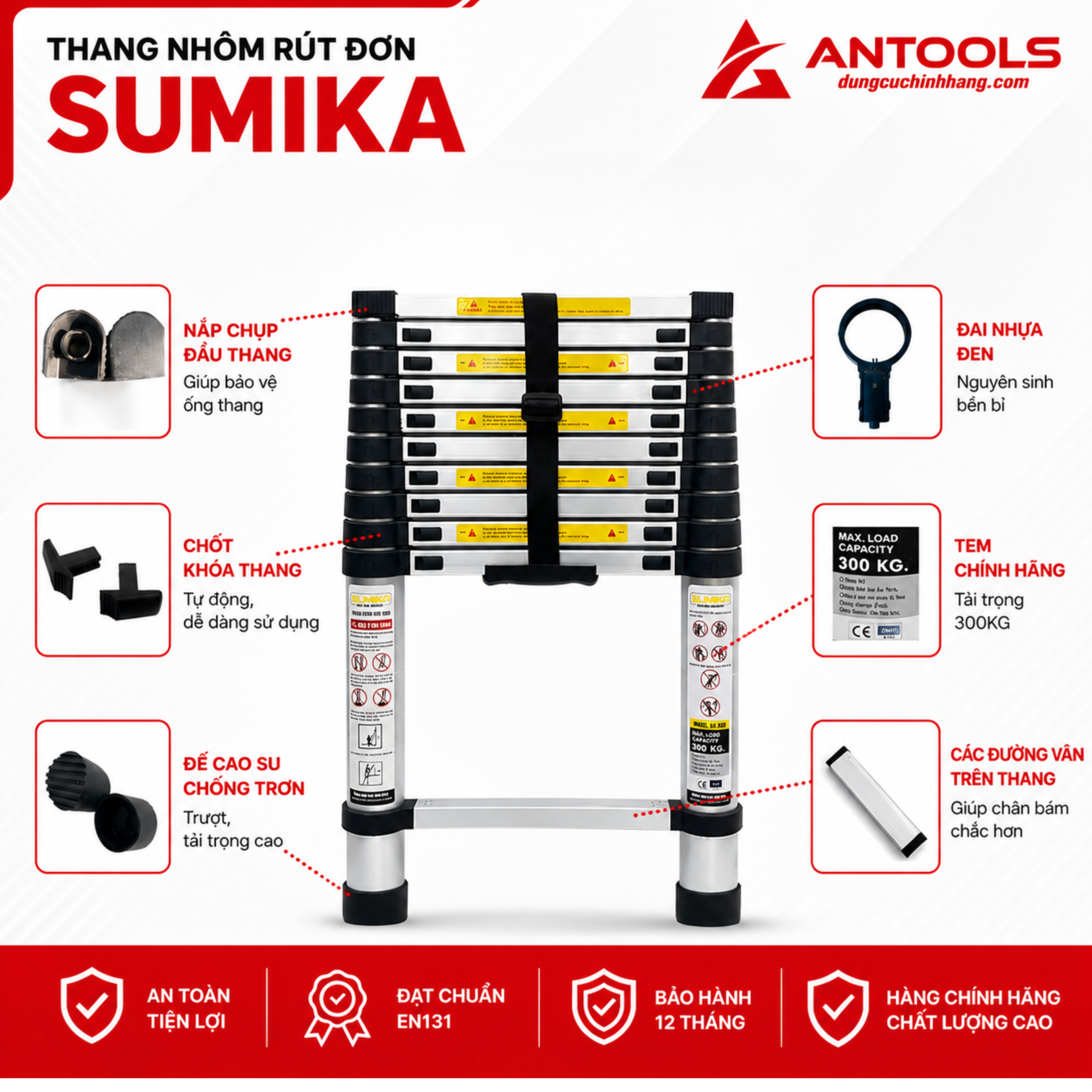 Thang Nhôm Rút Đơn Đai Đen Cao 4m4 Sumika SK440