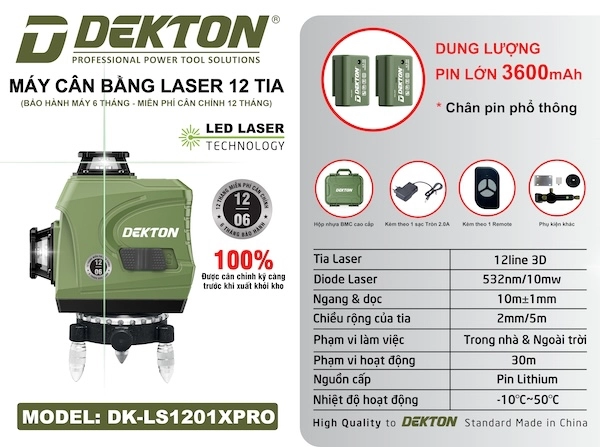 Máy Cân Bằng Laser 12 Tia Xanh Dekton DK-LS1201XPRO - Pin Lớn 3600mAh