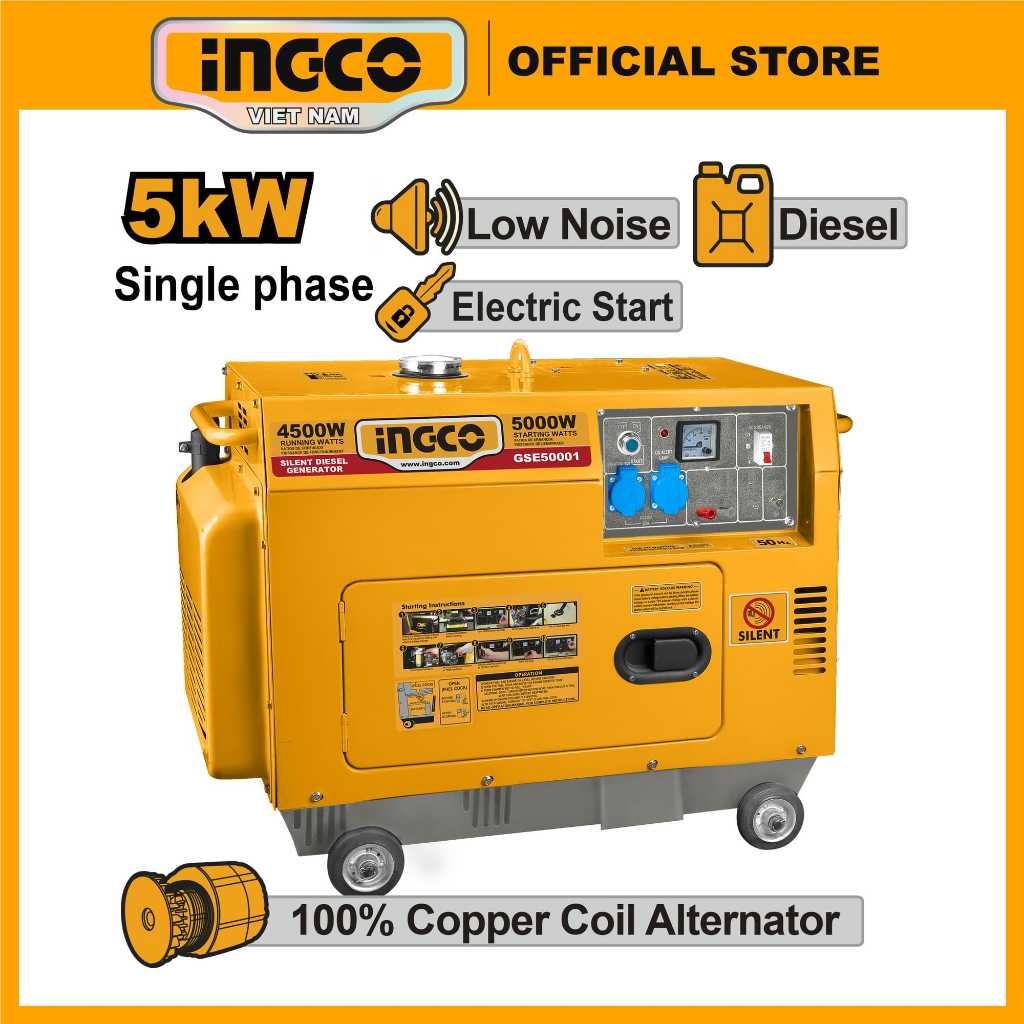 Máy Phát điện Chạy Dầu Diesel 5KW Chống ồn INGCO GSE50001 100% Dây đồng Chính Hãng