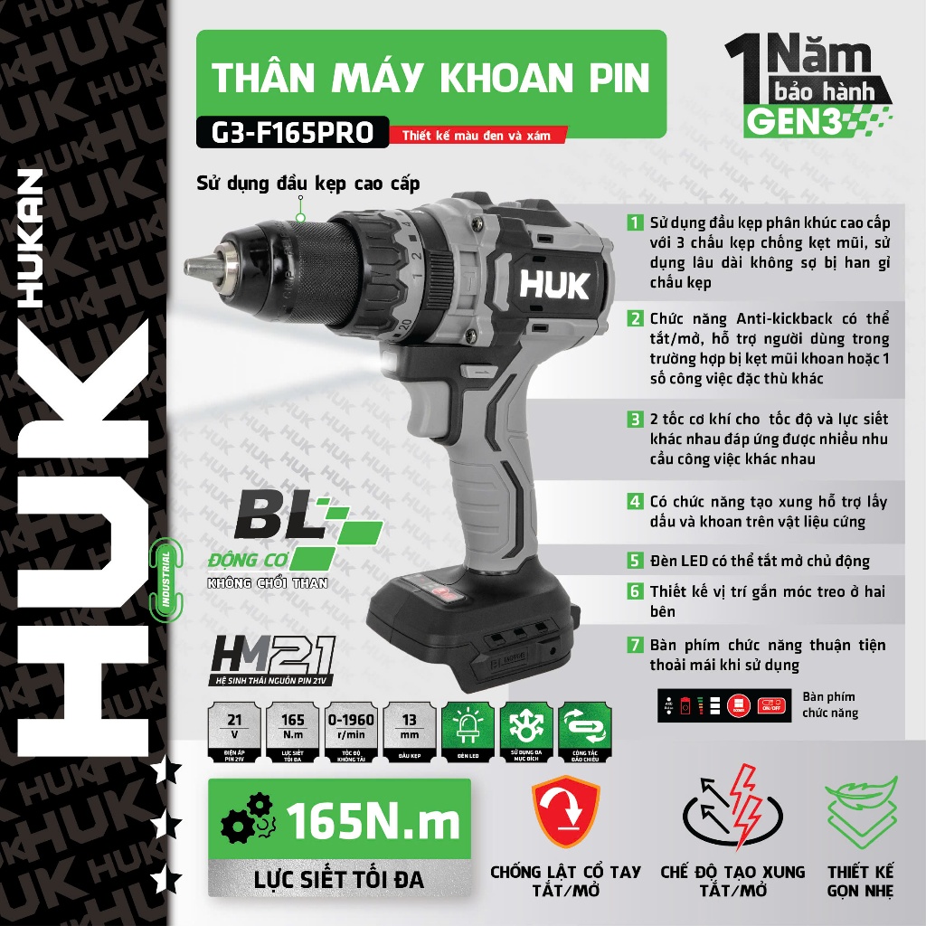 Máy Khoan Pin HUKAN HUK G3-F165PRO Không Chổi Than 165Nm Chống Lật Cổ Tay Tạo Xung