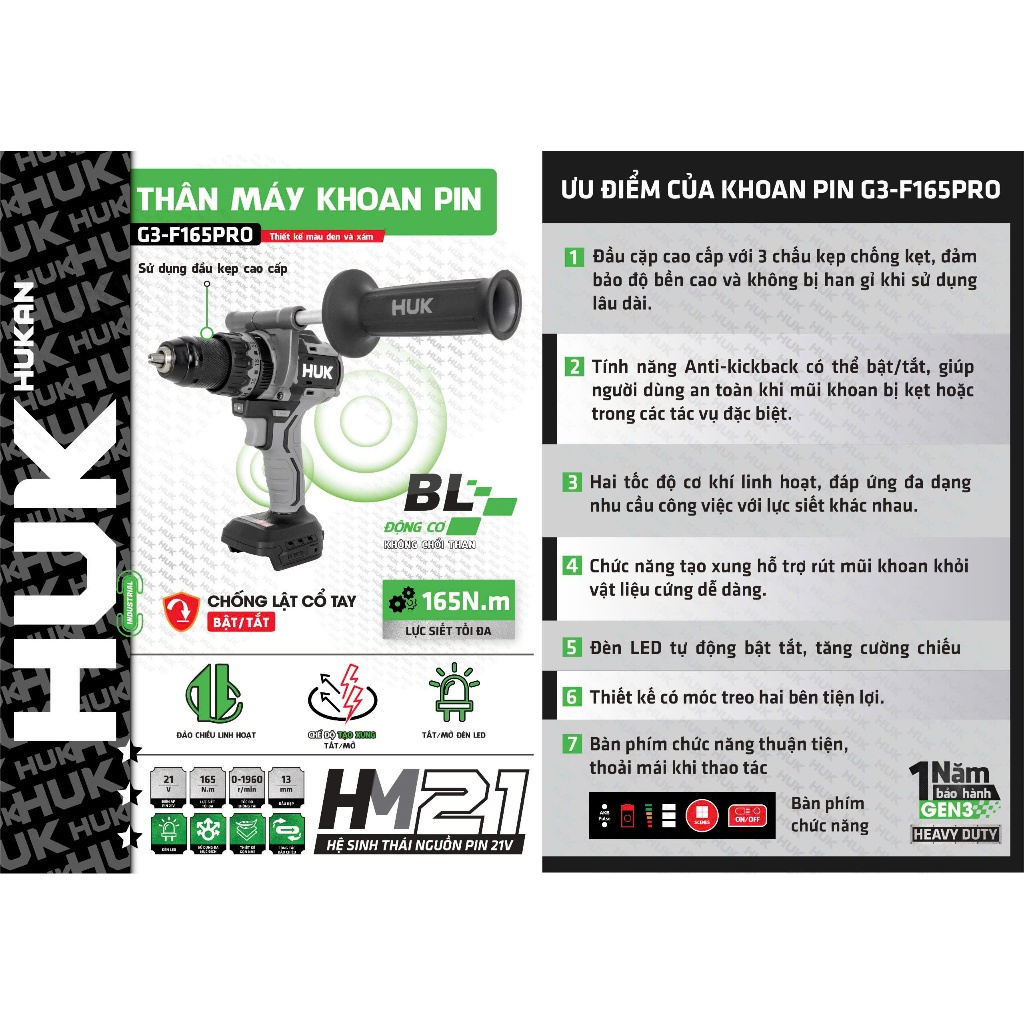 Máy Khoan Pin HUKAN HUK G3-F165PRO Không Chổi Than 165Nm Chống Lật Cổ Tay Tạo Xung