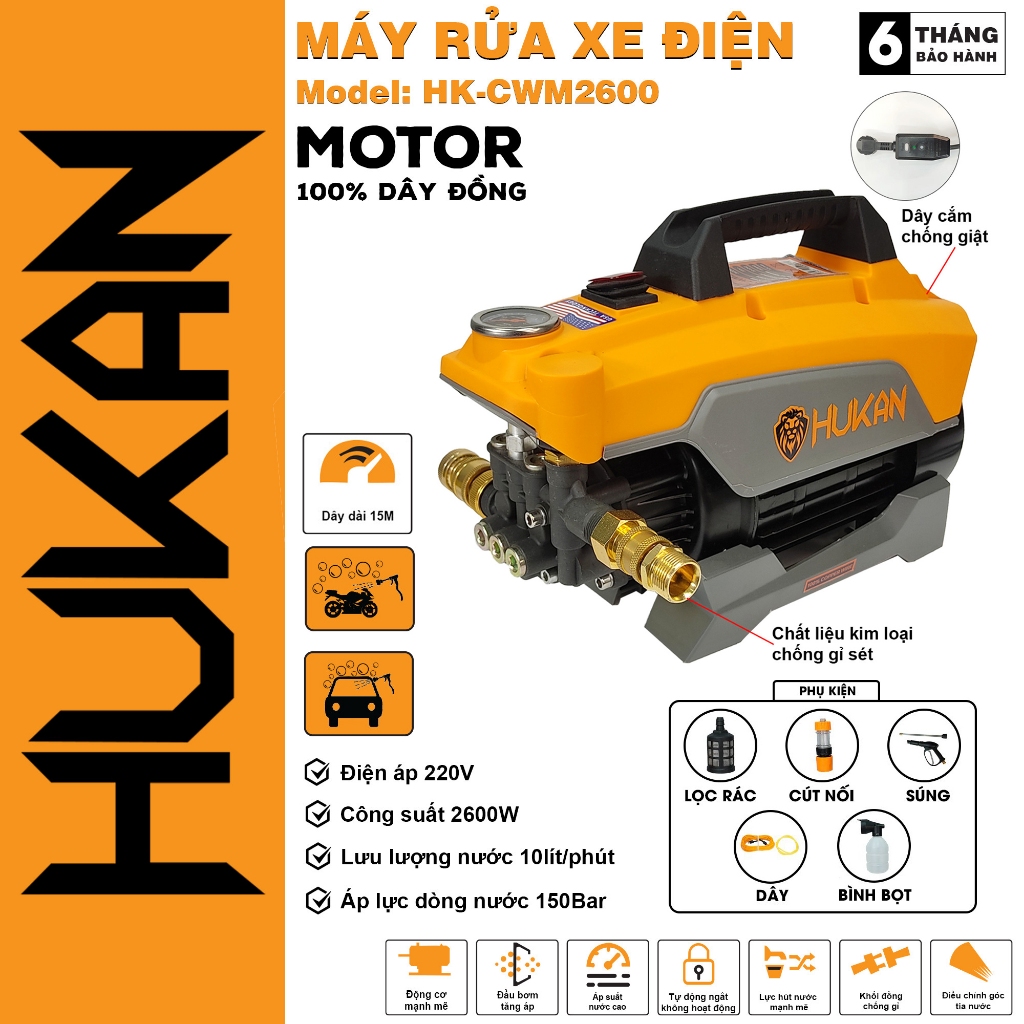Máy Rửa Xe HUKAN HK-CWM2600,Có Chống Giật, Công Suất Lớn 2600W, Động Cơ Dây đồng Nguyên Chất