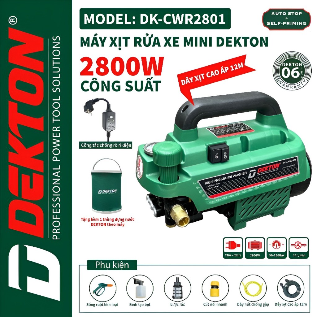 Máy Rửa Xe Dekton DK-CWR2801 - Công Suất 2800W - Có Chỉnh Áp Lõi đồng - Công Tắc Chống Giật - 100% Bảo Hành Chính Hãng