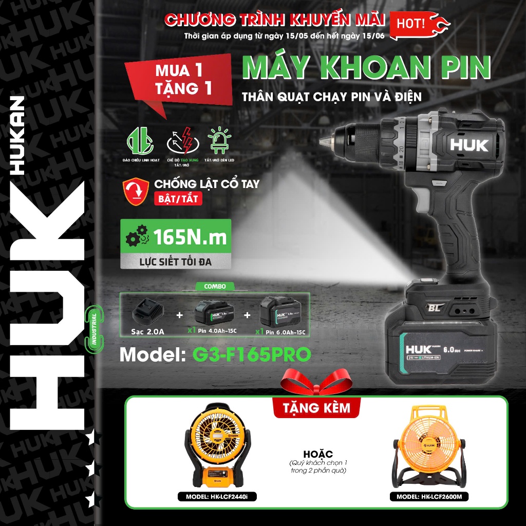 [TẶNG LCF2440i] Máy Khoan Pin HUKAN HUK G3-F165PRO Không Chổi Than 165Nm Chống Lật Cổ Tay Tạo Xung