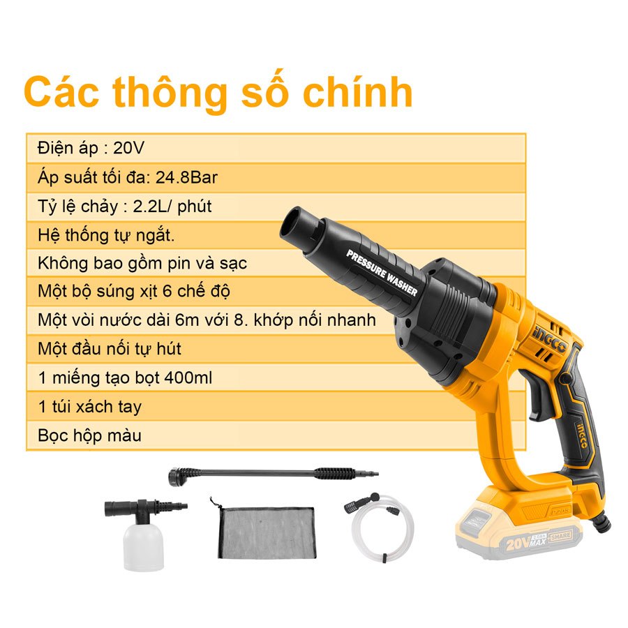 Máy Xịt Rửa Xe Dùng Pin Ingco 20V CPWLI2008 - Động Cơ Chổi Than