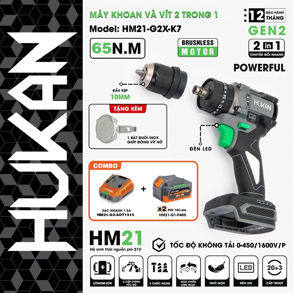 Máy Khoan Pin Kèm Bắn Vít HUKAN HM21-G2C-K7, Không Chổi Than, 3 Chức Năng, , 10mm, Đầu Kẹp Peacock