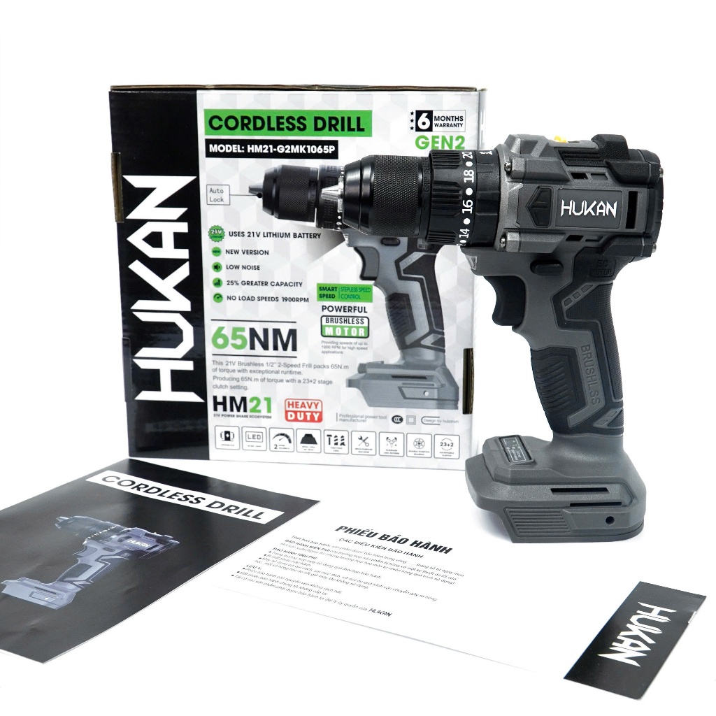 Máy Khoan Pin HUKAN HM21-G2MK1065P, 3 Chức Năng, Không Chổi Than, 10mm, Có Khóa Trục