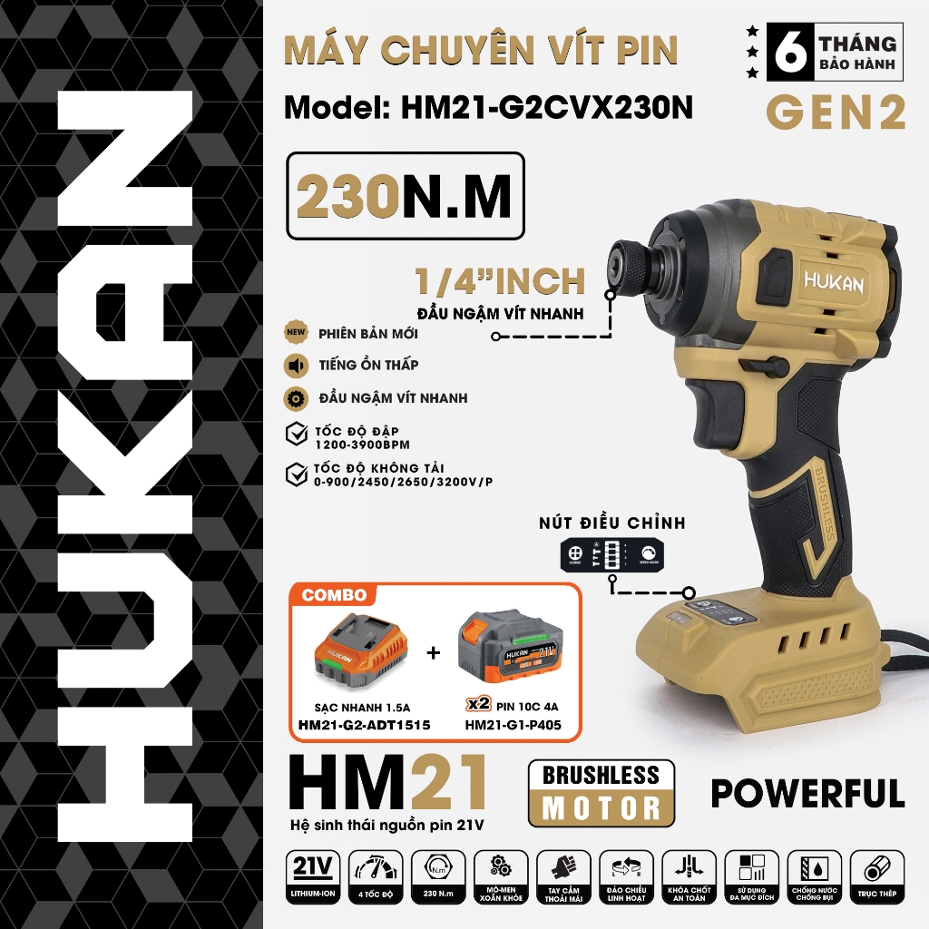 Máy Chuyên Vít Pin Hukan HM21-G2CVX230N, 4 Tốc độ, Không Chổi Than, Lực Siết 230Nm