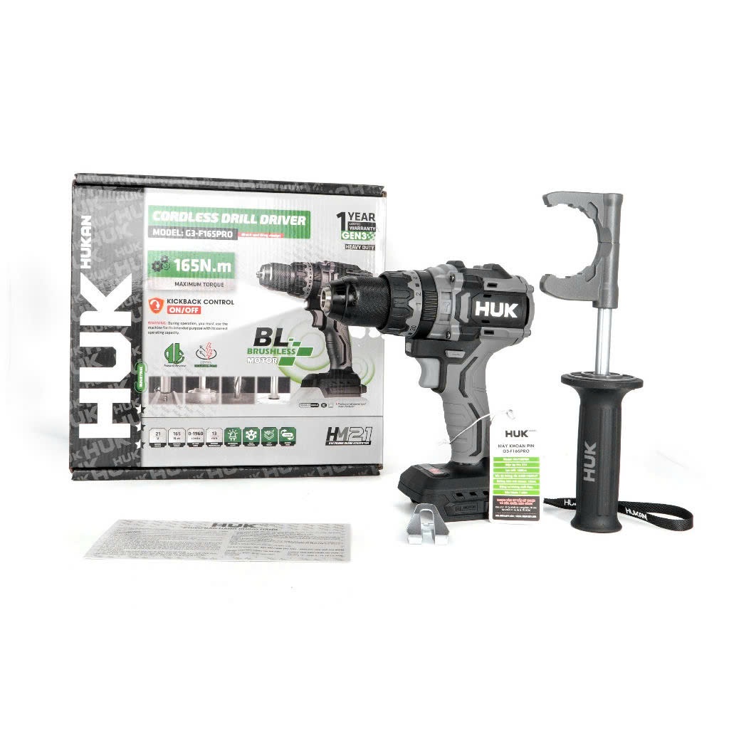 Máy Khoan Pin HUKAN HUK G3-F165PRO Không Chổi Than 165Nm Chống Lật Cổ Tay Tạo Xung