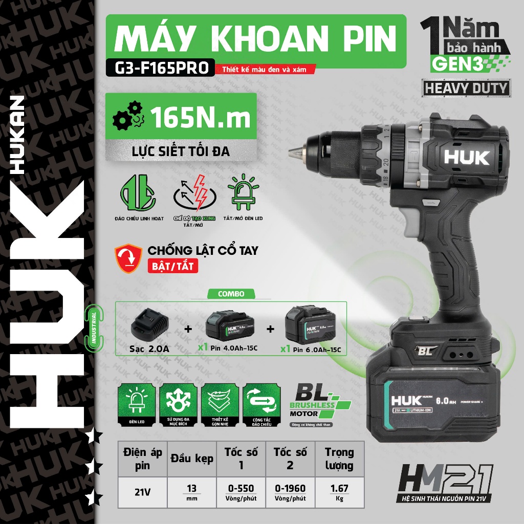 [TẶNG LCF2440i] Máy Khoan Pin HUKAN HUK G3-F165PRO Không Chổi Than 165Nm Chống Lật Cổ Tay Tạo Xung