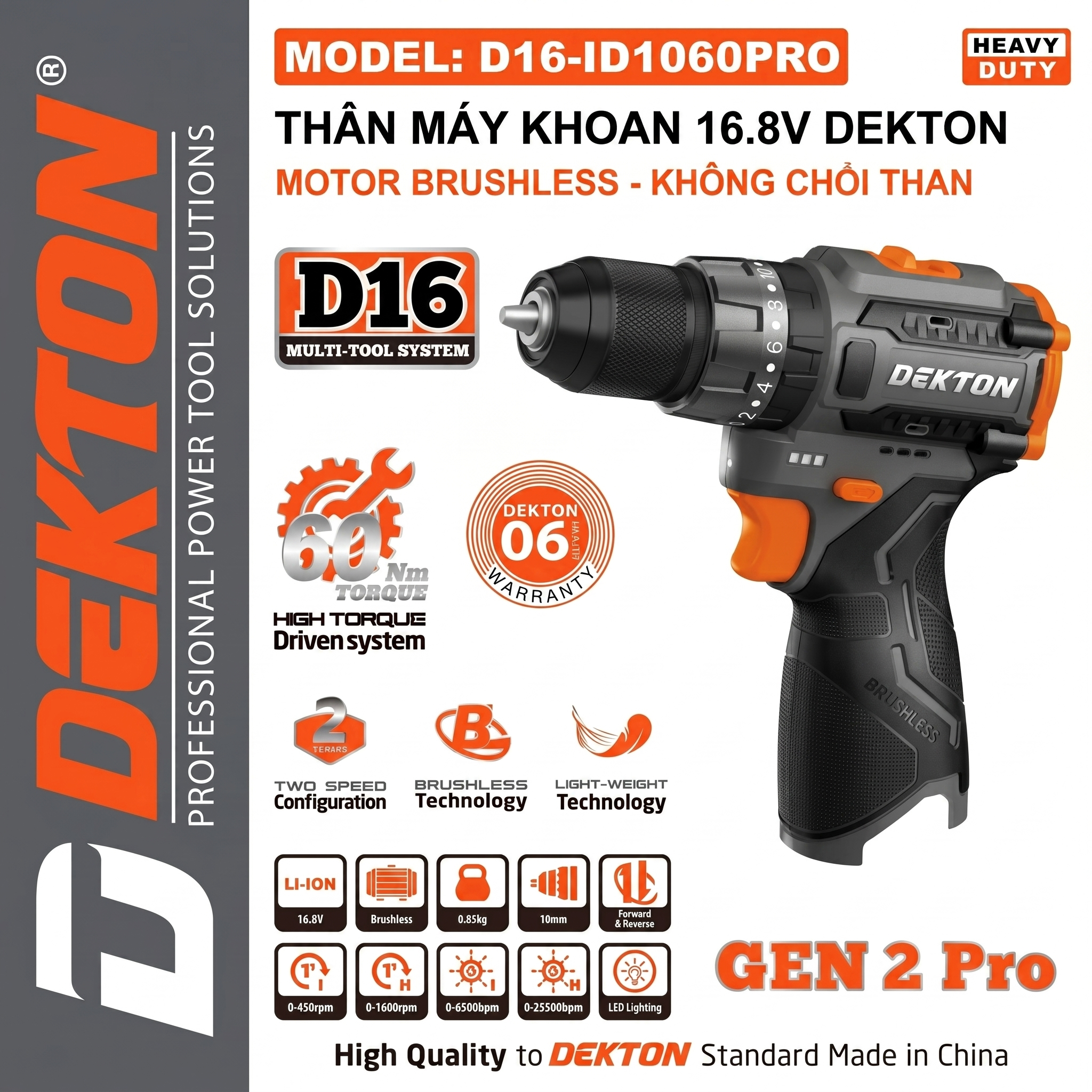 Thân Máy Khoan động Lực Dekton Pin 16.8V D16-ID1060PRO 60Nm, Động Cơ Không Chổi Than